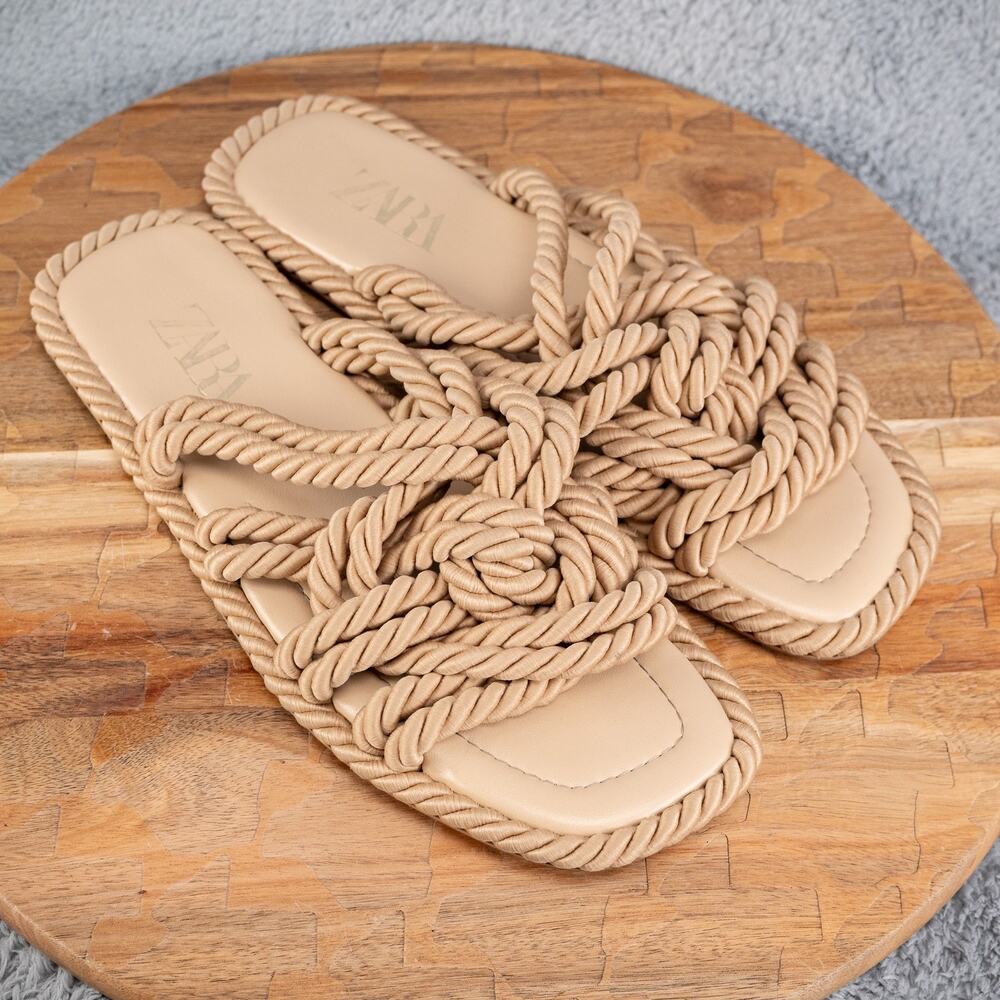 Zara Beige Rope Knot Slide Sandals